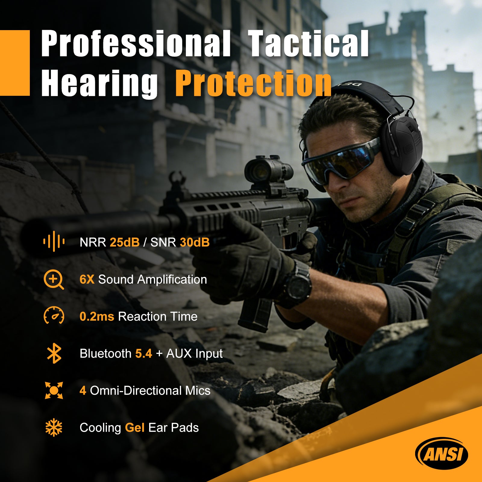 DEAKSHIE Electronic Shooting Ear Protection with Bluetooth, 6X Sound Amplification, 4-Mic Directional Hearing Enhancement, 30dB SNR Noise Reduction, Gel Ear Pads for Range Comfort – Shooting & Hunting